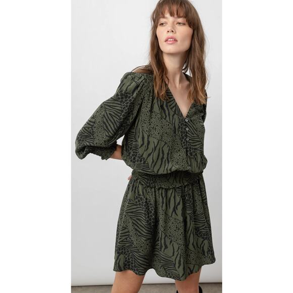 Rails Zana Mini Olive Mixed Animal Stripe Dress Womens XS Long Sleeve V Neck - Picture 3 of 15